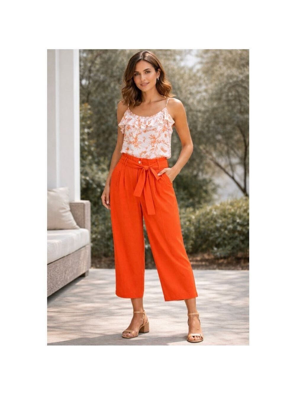 Bar III Orange & White Toile Print Ruffle Tank Top | Size XL